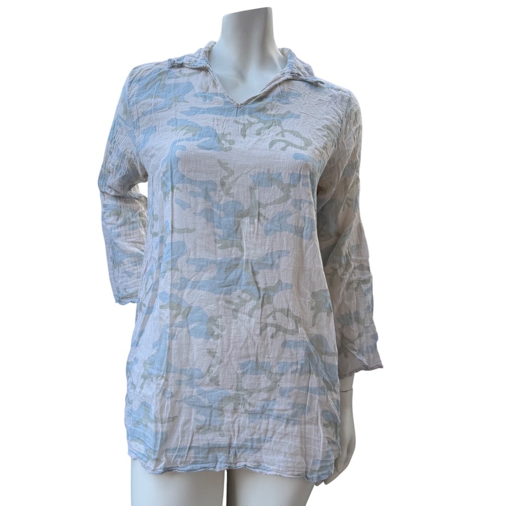 Made in Italy Camo Gauze Tunic V-Neck Pastel Blue Green Boho Resortwear Beach L